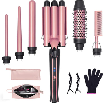 Curling Iron Wand Set 6-in-1 Hair Curler with 3 Barrel Hair Crimper, Spiral Curling Iron