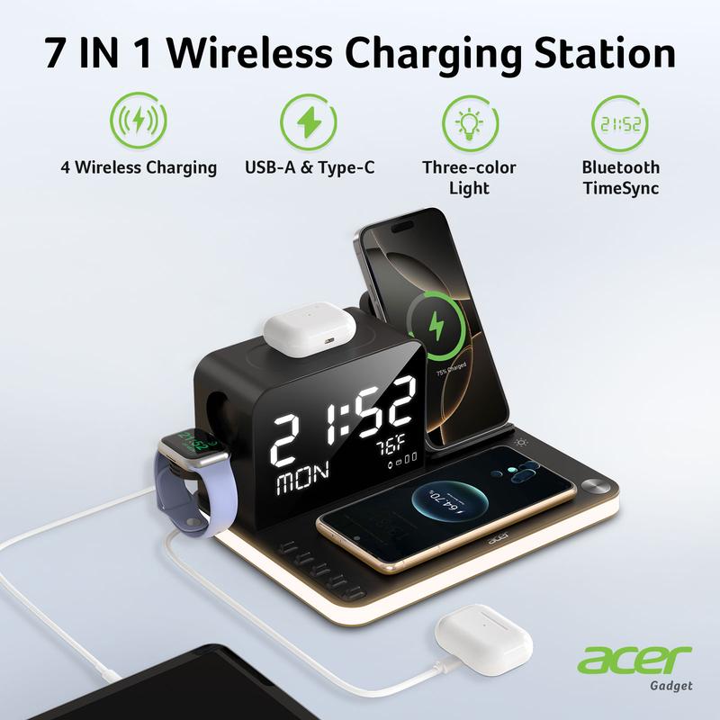 Acer 7 in 1 Wireless Charging Station, MagSafe Dual Phone Charger with Night Ligh