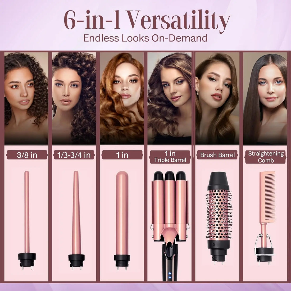 Curling Iron Wand Set 6-in-1 Hair Curler with 3 Barrel Hair Crimper, Spiral Curling Iron