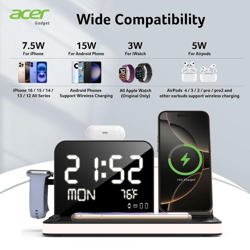 Acer 7 in 1 Wireless Charging Station, MagSafe Dual Phone Charger with Night Ligh